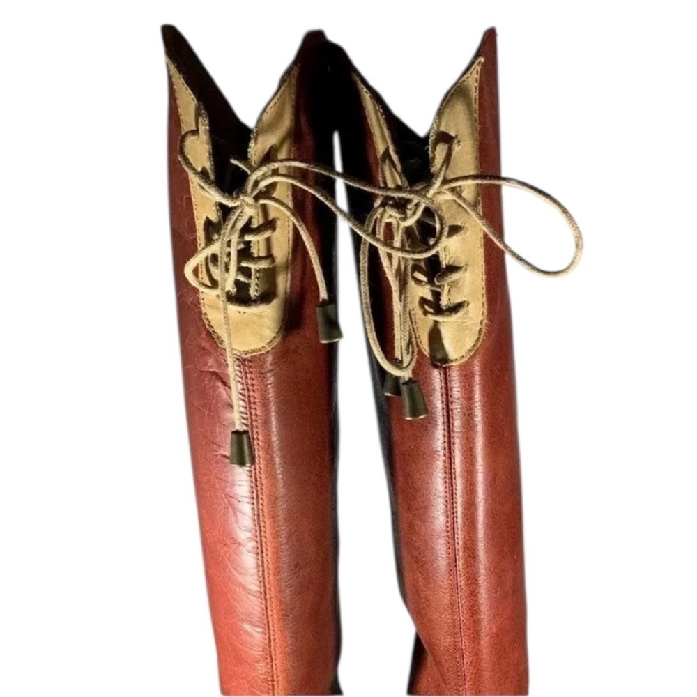 Anthropologie Holding Horses red leather high knee boots front tie sz 39 - Picture 4 of 11